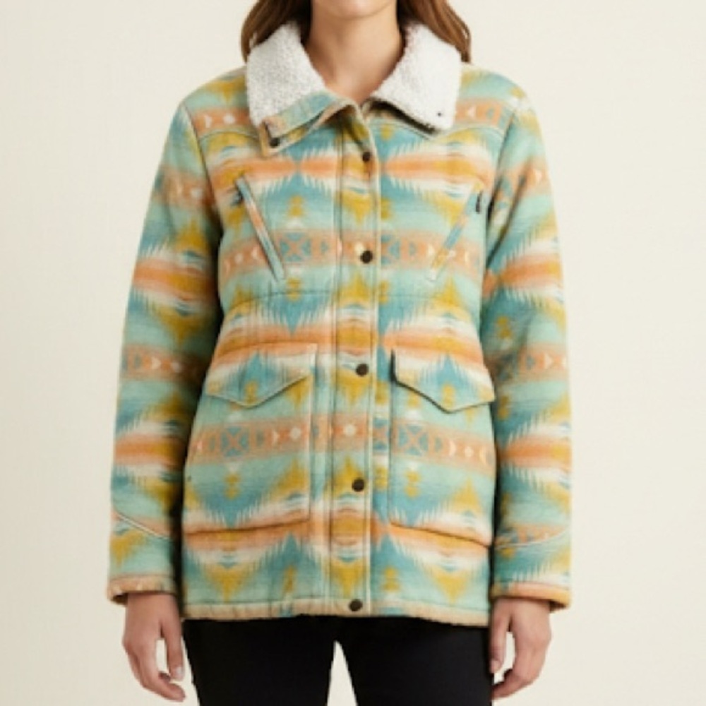 FAHERTY Bluegrass Faux Shearling Lined Jacket Coat in Golden Field Southwestern